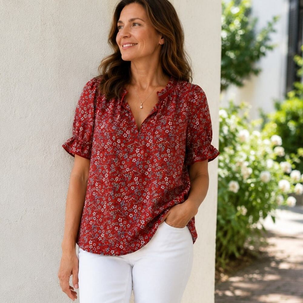 Max Studio Red Floral Puff Sleeve Smocked Blouse size M